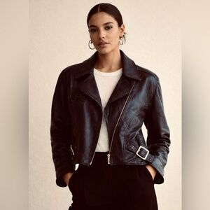 Vintage Danier 100% Leather Zip Biker Jkt, Lined, adjustable straps, Navy, M